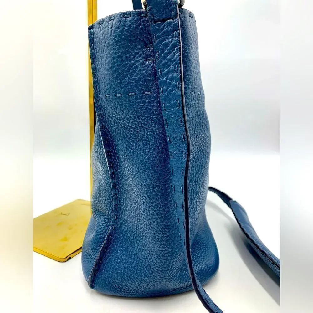 Auth Fendi Cuoio Romano Blue Selleria cLeather 2way Anna Bucket Bag Hobo Shopper